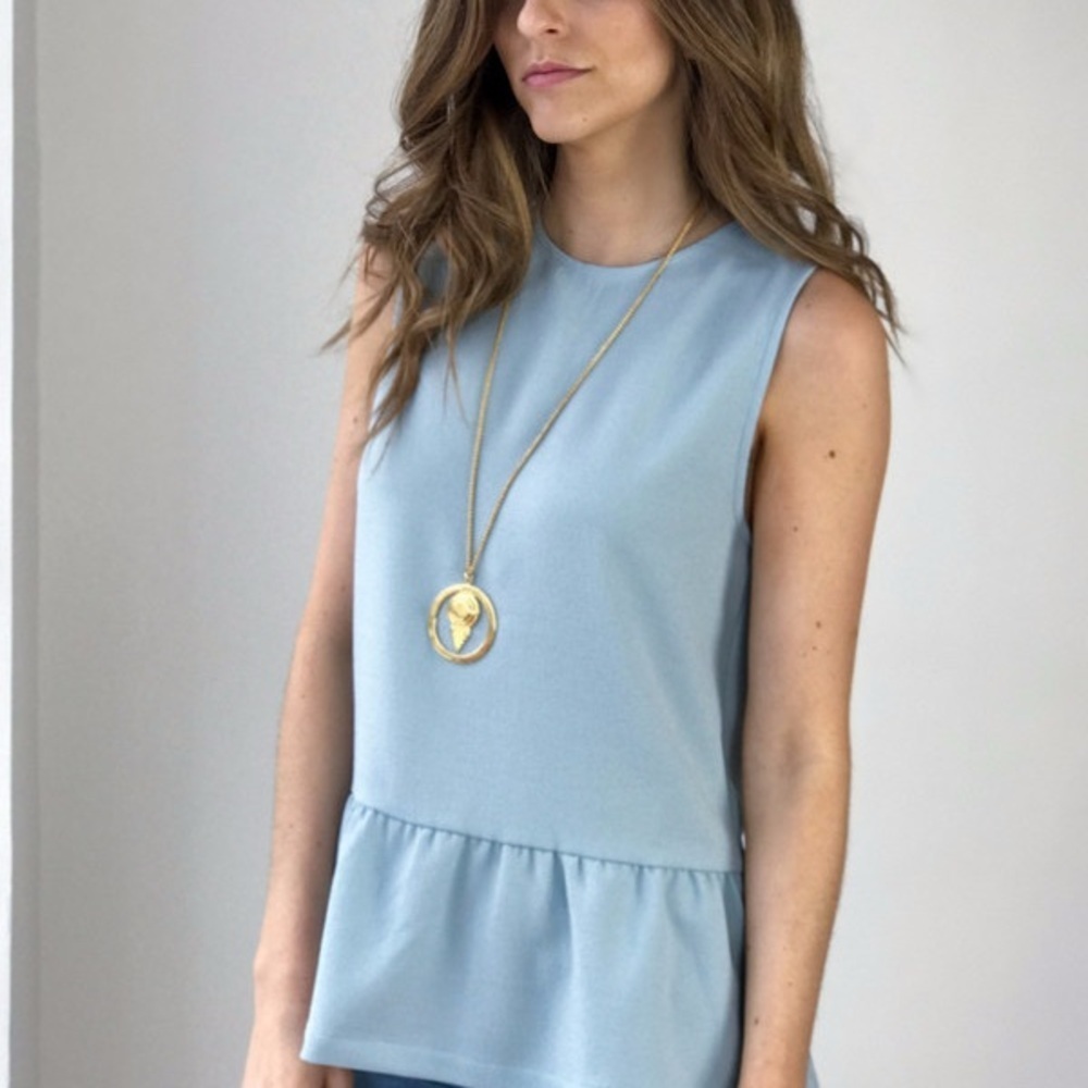 Ganni sz 4 the Clark Sleeveless Loose Peplum top light blue back zip blouse